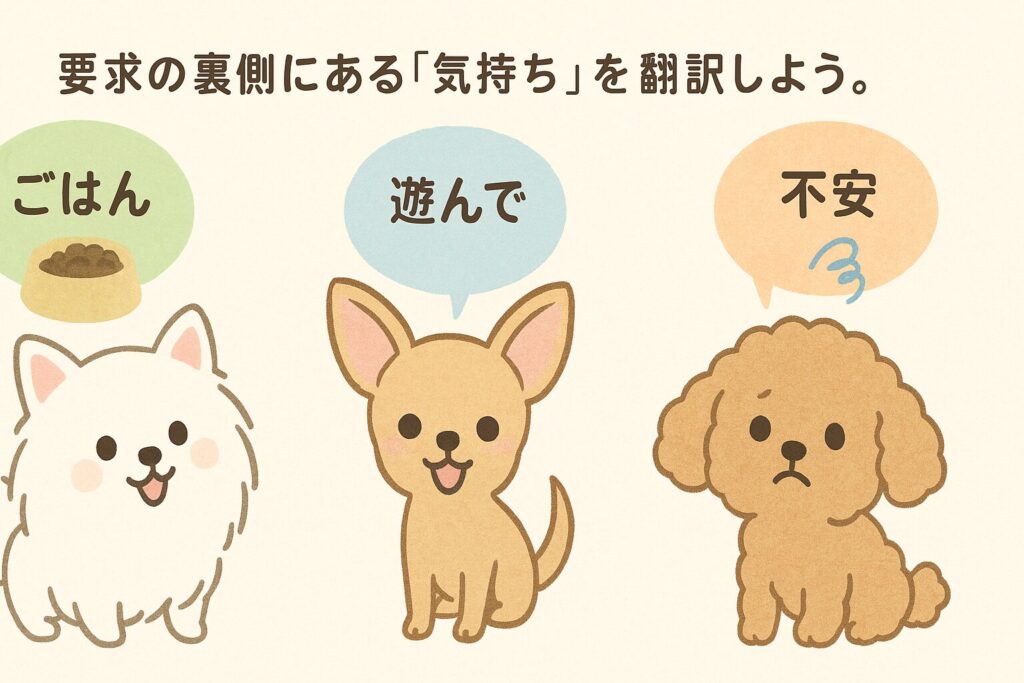 白ポメラニアン・チワワ・アプリコットプードルが吹き出しで欲求を伝える可愛い図解