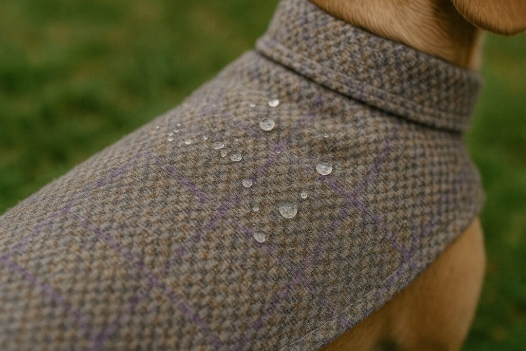 犬の背中にかけられたHettieのウールコート。水滴が生地の表面で弾かれている