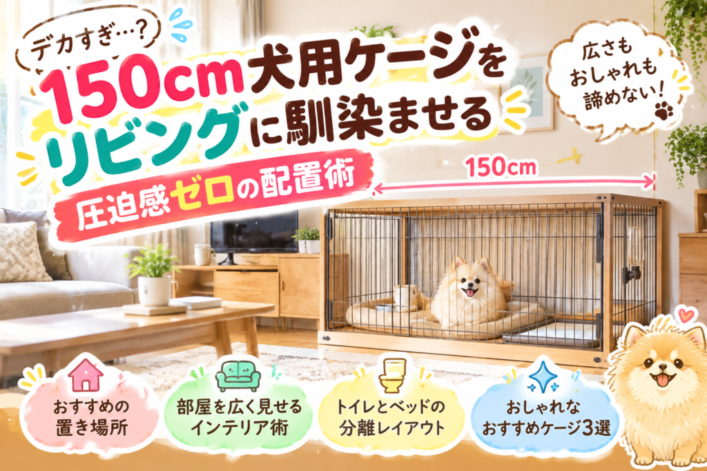 リビングに設置した150cmの犬用ケージとポメラニアン