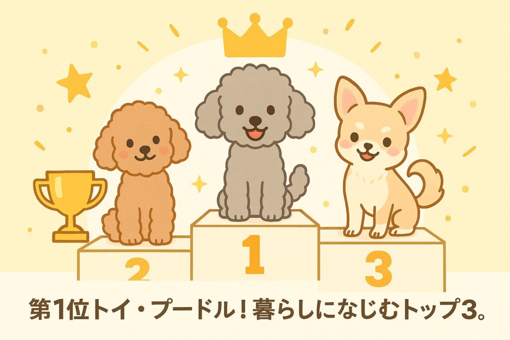 トイプードル(シルバー/アプリコット)とチワワが王冠やメダルで並ぶランキング風イラスト