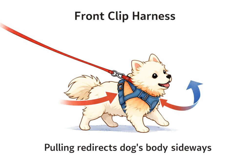 犬の引っ張り防止ハーネスの仕組みを示した図
