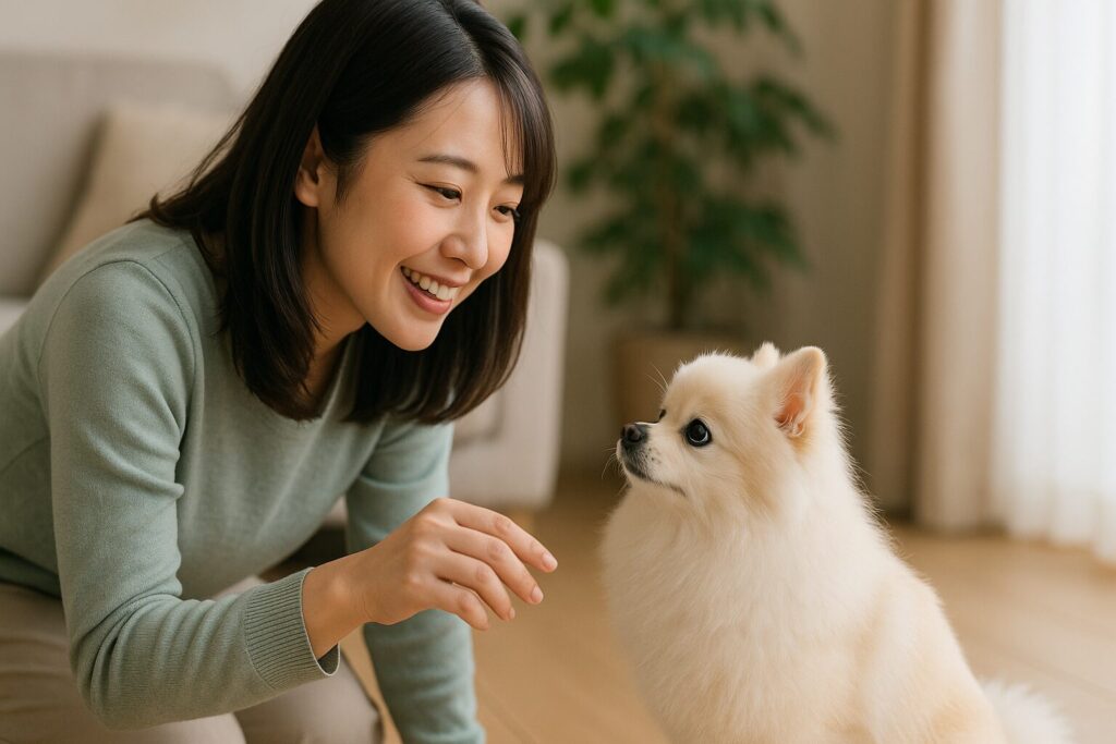 叱られた直後に飼い主へそっと寄る白ポメラニアンと、穏やかな笑顔で受け止める日本人女性(室内・自然光)