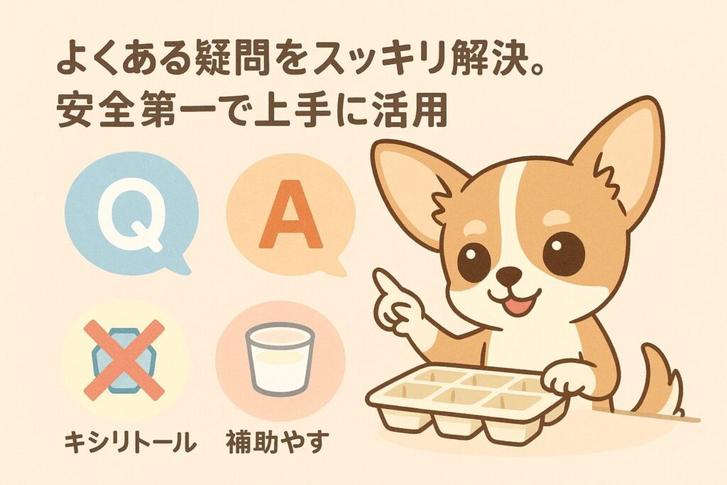 チワワのキャラクターがQとAの吹き出しを指さすFAQイラスト。キシリトールNGや“ゼリーは補助”的メッセージをピクトで分かりやすく表示