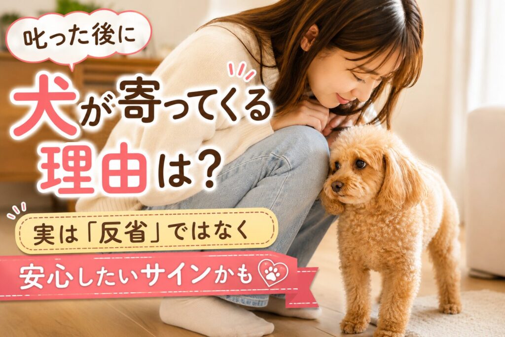 叱られたあとに飼い主へ近づく犬