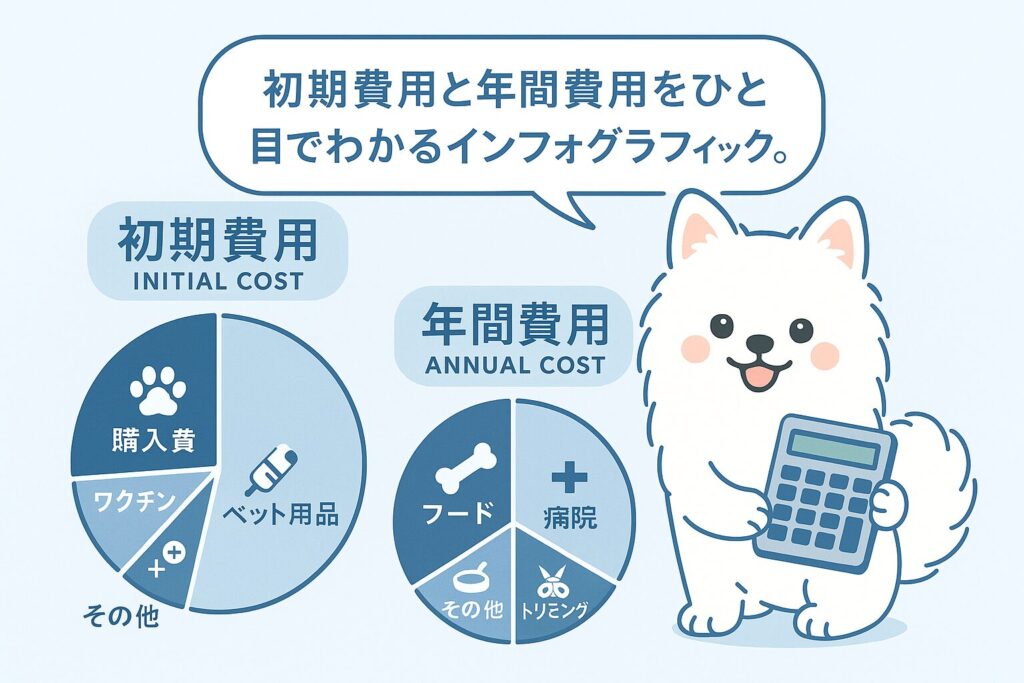 犬の費用(初期/年間)をアイコンで整理した見やすい図解、白ポメが電卓を持つイラスト
