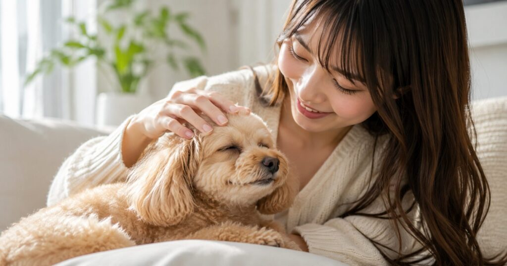 犬を優しく撫でて安心させる飼い主