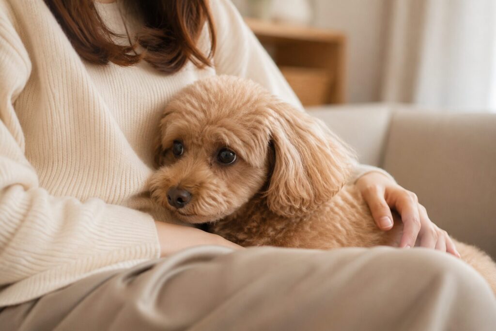 不安そうに飼い主へ寄り添う犬