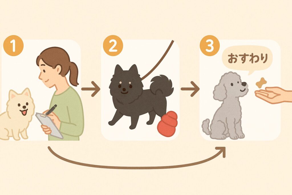フローチャート風イラスト。①白ポメラニアンを観察してメモを取る飼い主、②黒ポメラニアンが散歩と知育トイでケア、③シルバートイプードルがおすわりをしてご褒美をもらう。