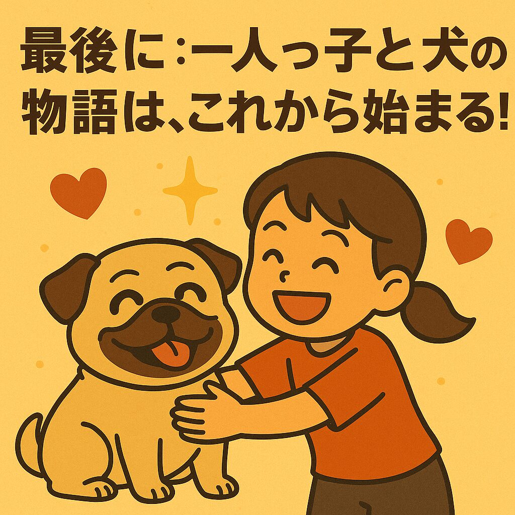 「笑顔の女の子がパグを抱きしめ、背景にハートと星が描かれているイラスト。『最後に:一人っ子と犬の物語は、これから始まる!』という文字が表示されている。」