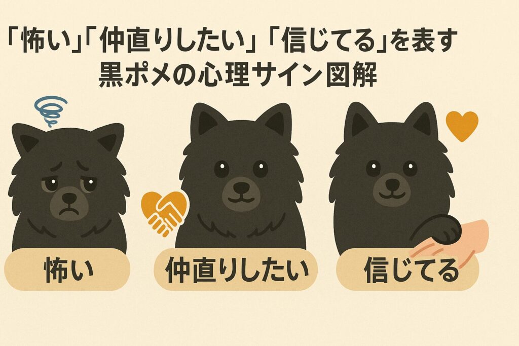黒ポメラニアンが耳を伏せる・見つめる・前足をのせるなどの仕草をアイコン付きで示した解説イラスト