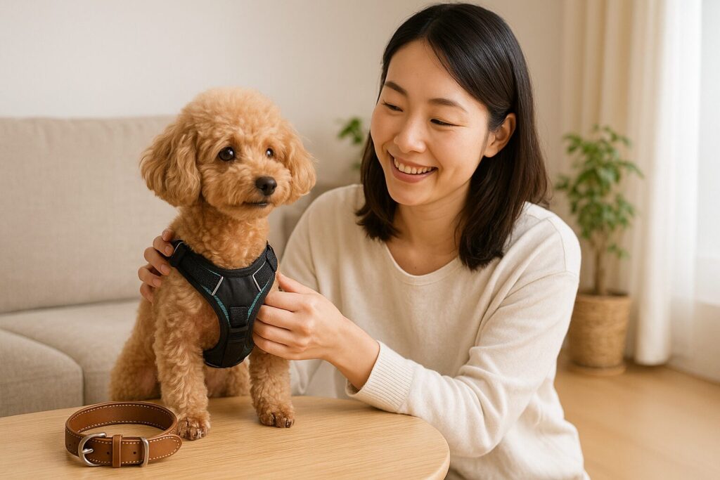 清潔感のある自然な笑顔の日本人女性が、室内でアプリコットプードルに前胸接続ハーネスをフィッティング。テーブルに首輪も置かれ比較できる実写風写真。