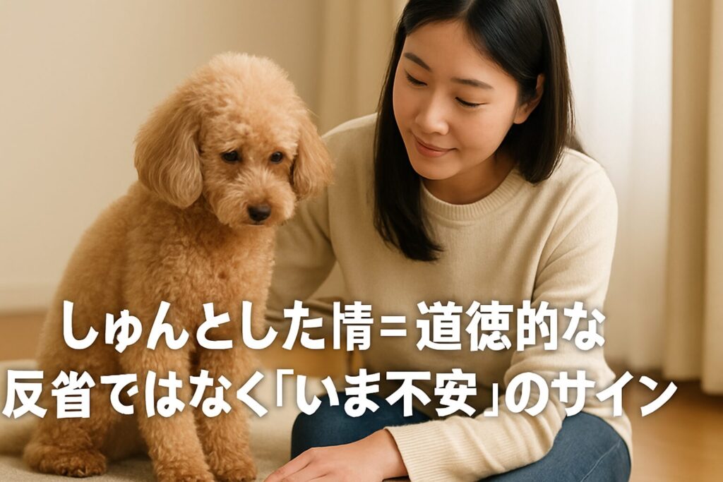 叱られたあとにしゅんと座り込むアプリコットプードルと、落ち着いて寄り添う日本人女性(室内)