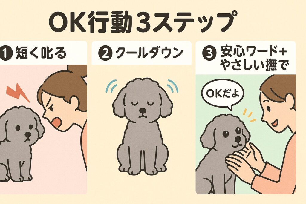 シルバートイプードルが3コマで正しい切り替え手順を学ぶコミック風イラスト