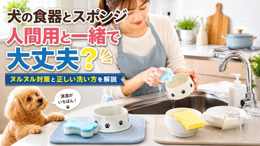 犬用食器と人間用スポンジを分けて洗っている様子。清潔なキッチンでトイプードルが見守る衛生管理イメージ画像。