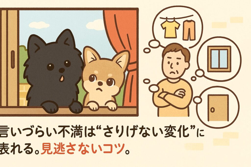 ご近所さんの表情・洗濯物・窓の開閉などのサインを、黒ポメとチワワが窓辺から首をかしげて見る可愛いイラスト