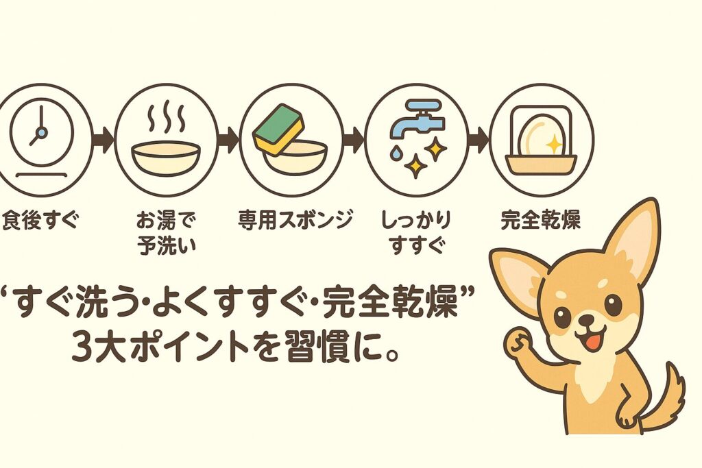 「犬の食器洗い5ステップをアイコン化し、チワワが応援ポーズをしているイラスト」