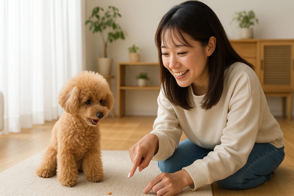 自然光のリビングで、日本人女性がアプリコットトイプードル「マロン」と遊んでいる。女性は笑顔で床に隠したおやつを指差し、マロンが期待に満ちた表情で見つめている。
