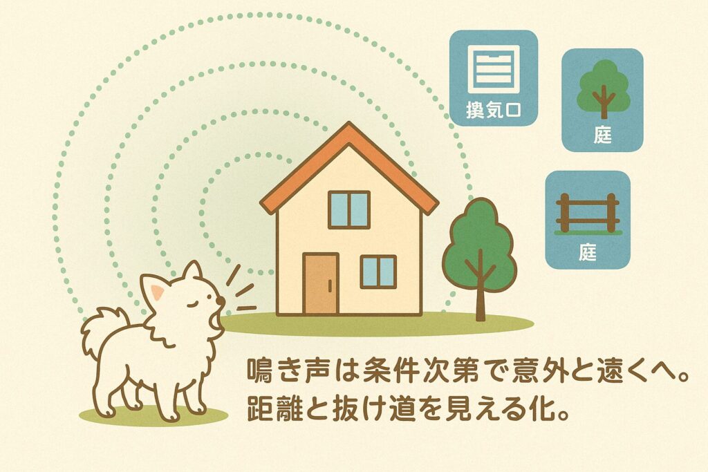 戸建てを中心に同心円の音波が広がり、窓・換気口・庭などの「抜け道」を可愛いアイコンで示したインフォグラフィック風イラスト