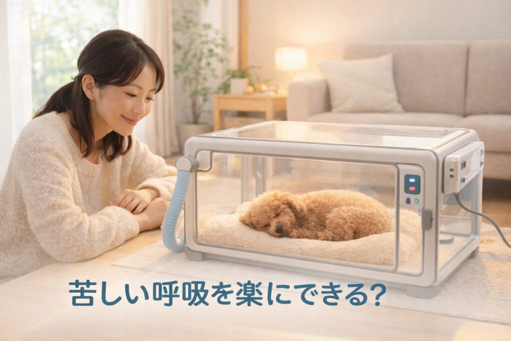 在宅ペット用酸素室で穏やかに眠る小型犬。呼吸が安定した様子。