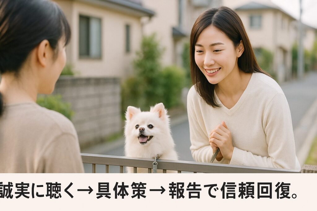 清潔感のある日本人女性が自然な笑顔で隣人に丁寧に会釈し、白ポメラニアンをリードで連れてフェンス越しに会話する屋外の自然光ポートレート