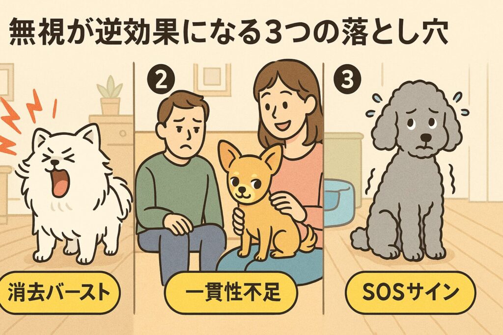 3コマ構成イラスト。①白ポメラニアンが大声で吠える(消去バースト)、②チワワが特定の家族に甘える(一貫性不足)、③シルバートイプードルが不安そうに震える(SOSサイン)。