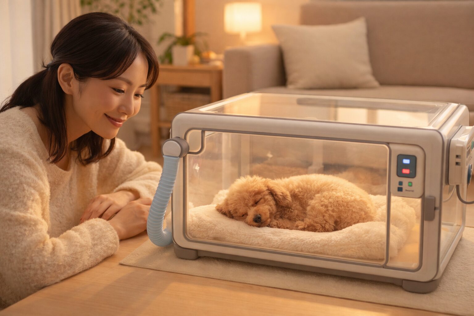 在宅ペット用酸素ケージの中で穏やかに眠る小型犬。呼吸が落ち着いている様子。