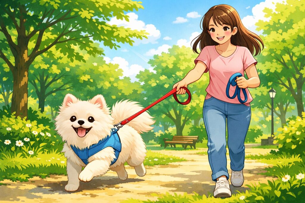 引っ張り防止ハーネスを付けて散歩する犬と飼い主