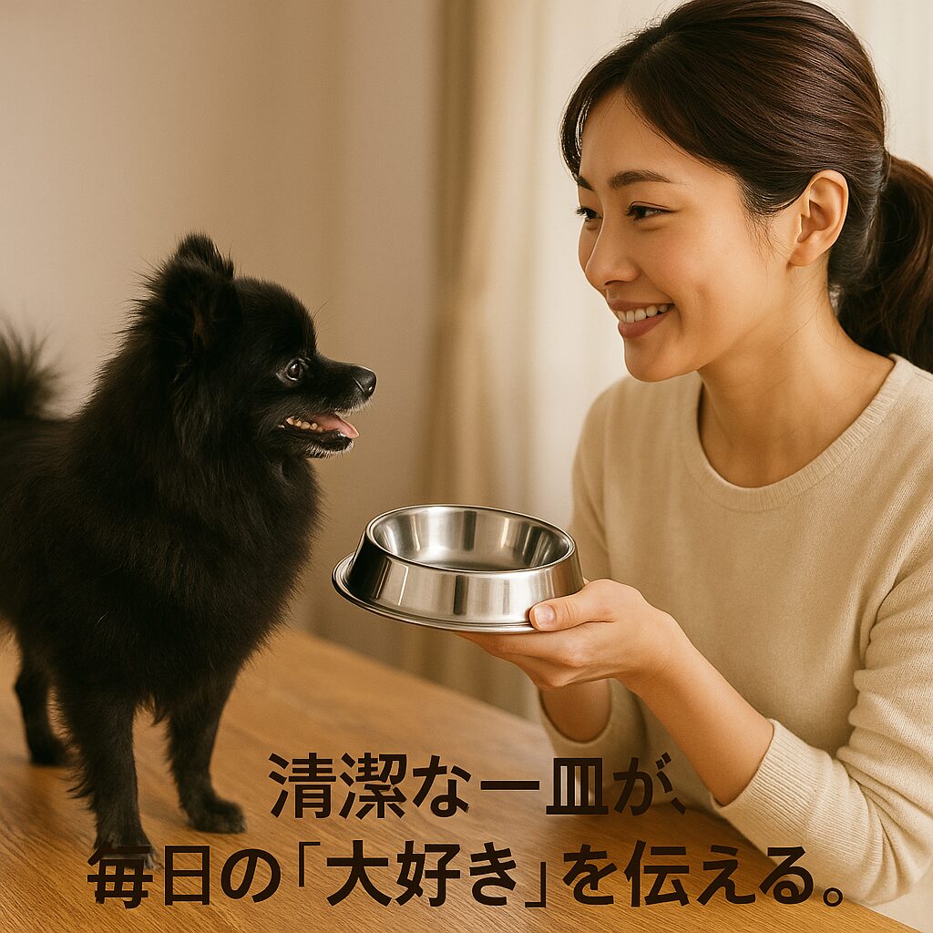 「家族の一日の流れに犬の食器洗いが溶け込み、白ポメラニアンとシルバートイプードルが寄り添う温かな日常イラスト」