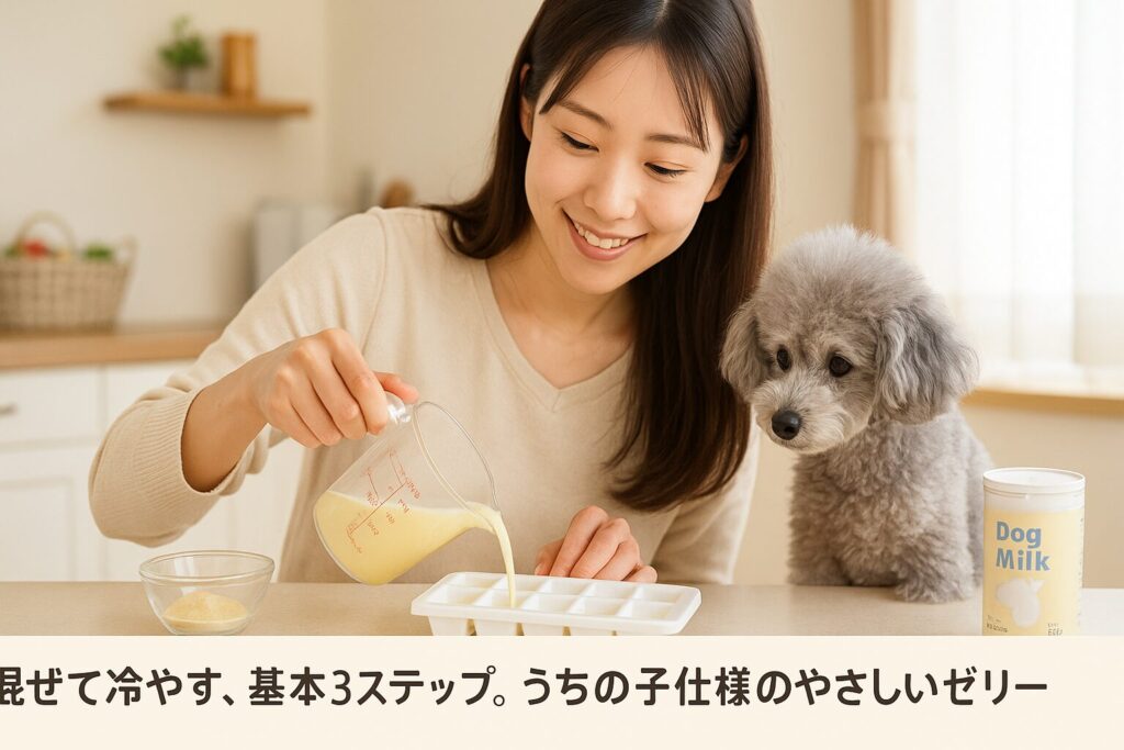 キッチンでシルバートイプードルを見守りながら、清潔感のある日本人女性が製氷皿に手作りゼリーを流し込む様子(自然光、生活感のある清潔な室内)