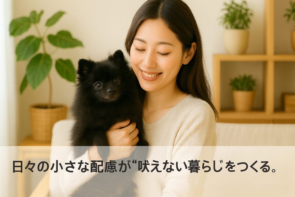 ナチュラルなリビングで、清潔感のある日本人女性が黒ポメラニアンを優しく抱き、穏やかに微笑む実写カット