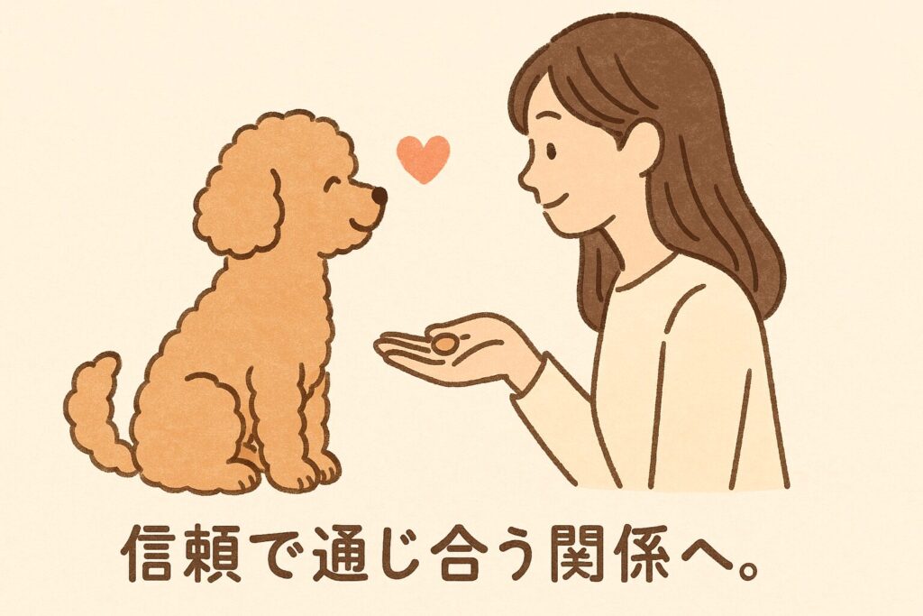 日本人女性の手からご褒美をもらい静かにお座りするアプリコットプードルのほっこりイラスト