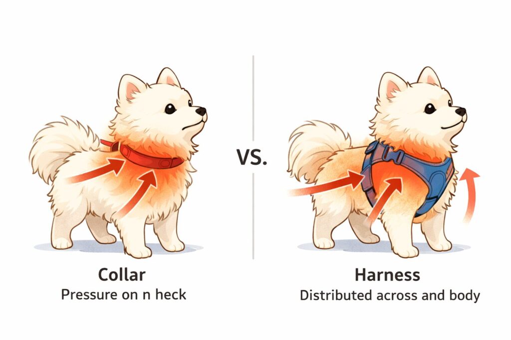 犬の首輪とハーネスの違いを比較した図