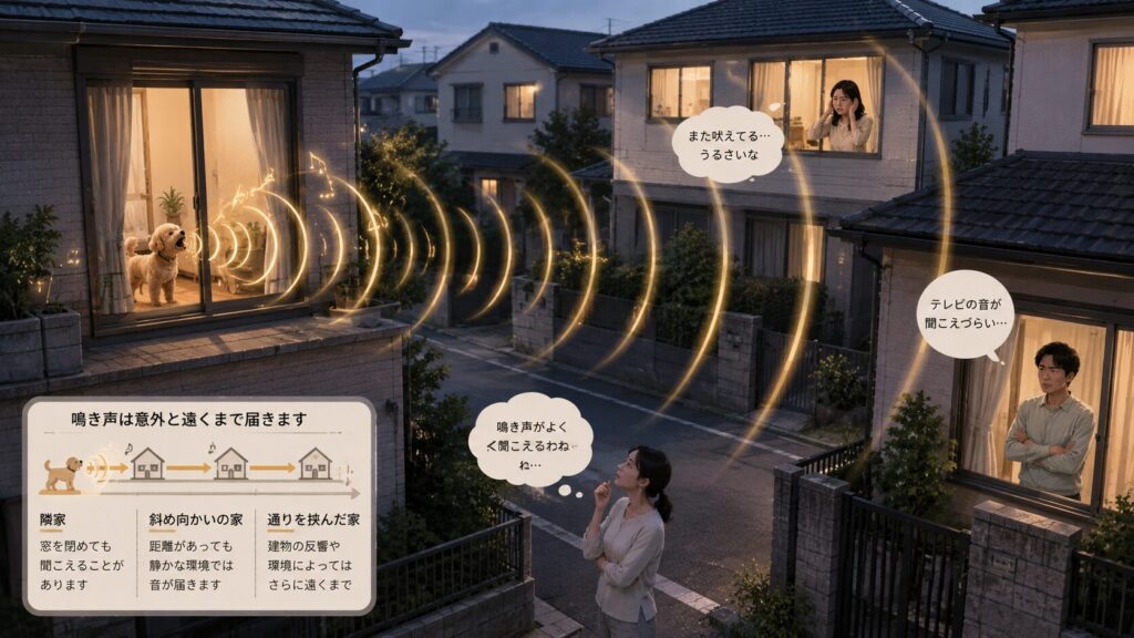 犬の鳴き声が戸建て住宅街に広がっているイメージ