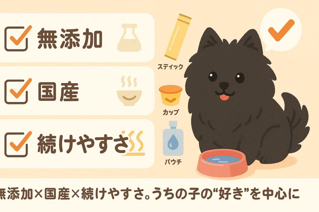 黒ポメラニアンが3つのチェックポイント(無添加・国産・続けやすさ)を確認する購買ガイド風イラスト。スティック/カップ/パウチの形状比較も小さく表示
