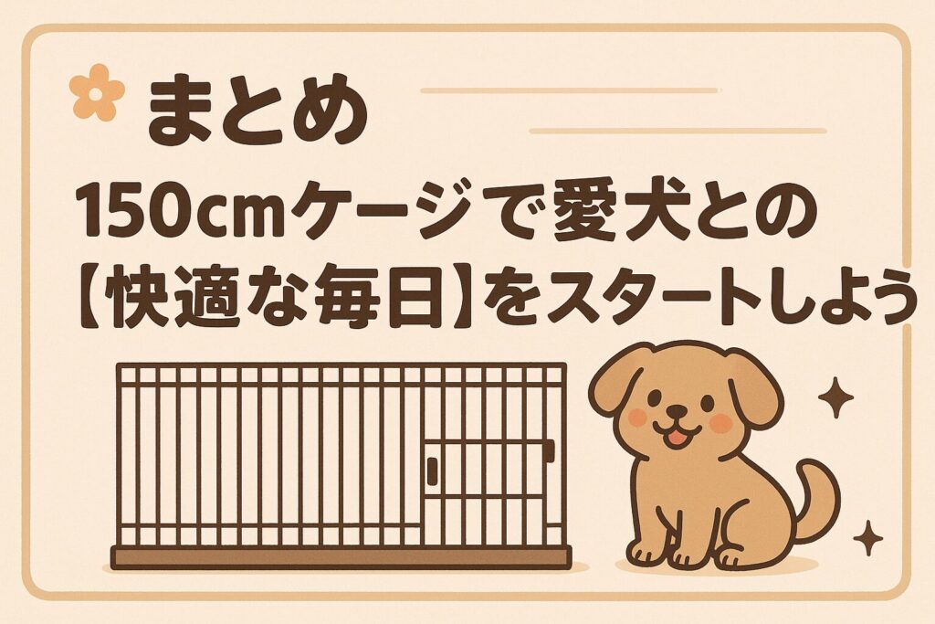 150cmケージの横に可愛い犬が座っているイラスト。見出しテキスト「まとめ:150cmケージで愛犬との快適な毎日をスタートしよう」が描かれたバナー。