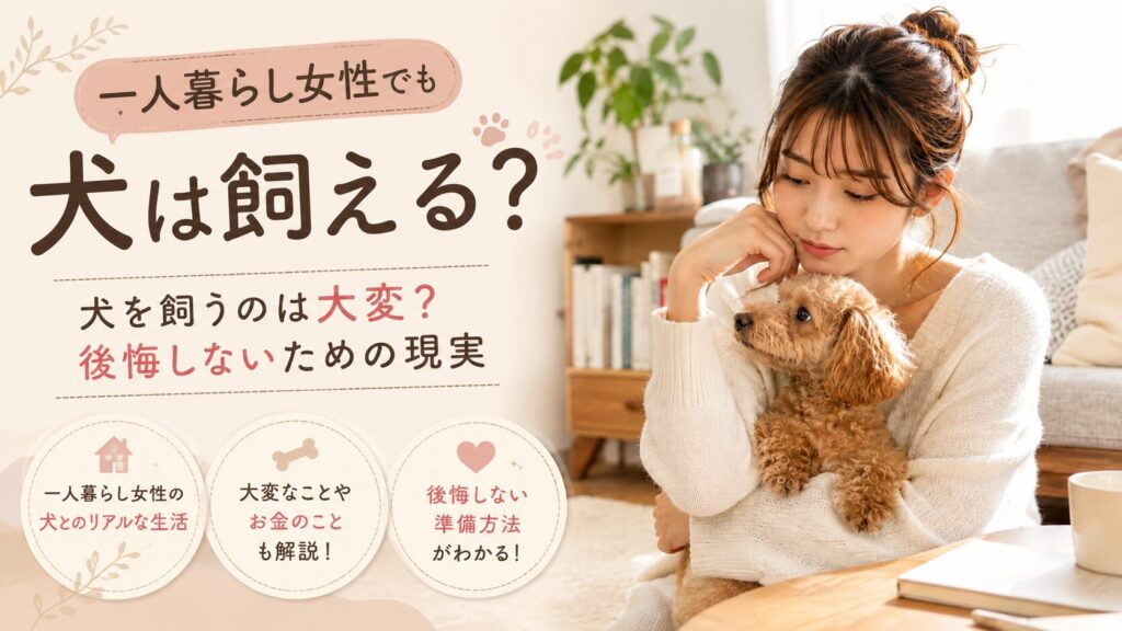 一人暮らしの女性がトイプードルを抱えながら犬との暮らしに悩む様子