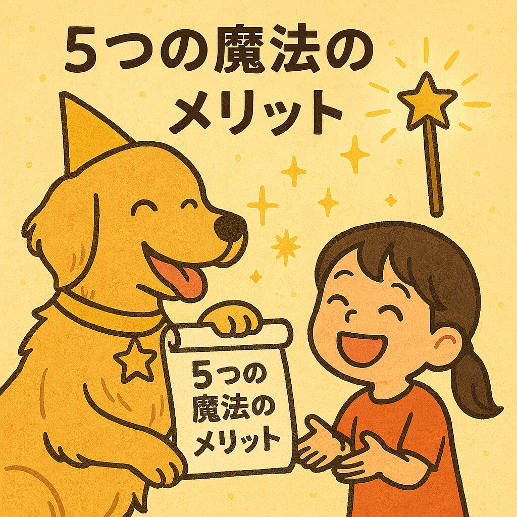 「星の帽子をかぶった犬が『5つの魔法のメリット』と書かれた巻物を持ち、女の子が楽しそうに話しているイラスト。魔法の杖とキラキラした星の演出が描かれている。」
