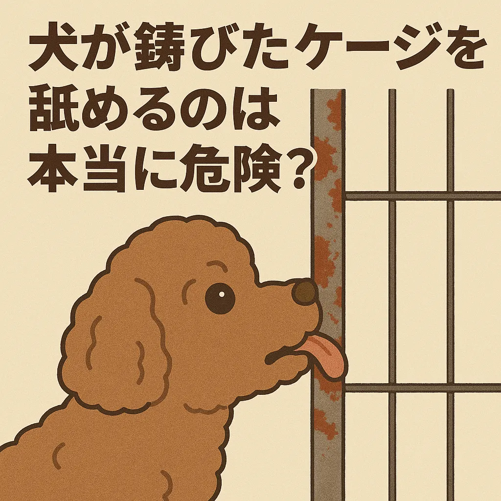 ケージの金属部分を舐めている犬のイメージ画像。サビによる健康被害の危険性を訴える。