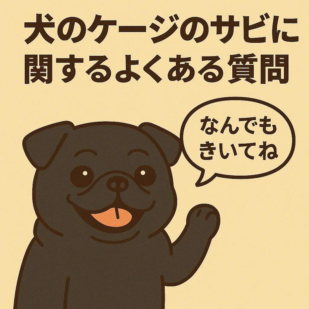 FAQセクションのイメージを表現する、犬とケージと疑問符のイラスト。