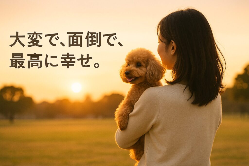 夕暮れの公園でアプリコットプードルを抱く日本人女性の後ろ姿、柔らかな逆光の写真