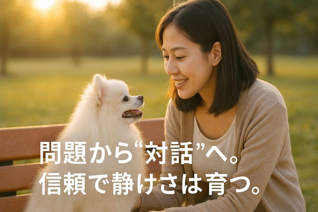 夕方の公園で、日本人女性がベンチに座り、白ポメラニアンと優しくアイコンタクト。逆光の柔らかい光が差し込み、犬も安心した表情で穏やかな雰囲気。