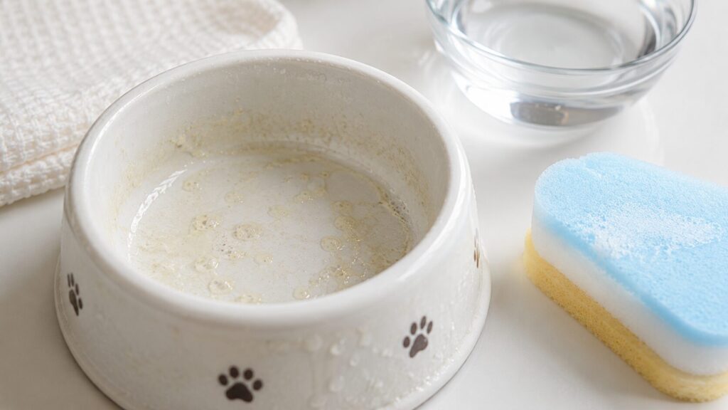 犬用食器に発生したヌルヌル汚れ（バイオフィルム）のイメージ。専用スポンジで洗浄している衛生管理解説用画像。