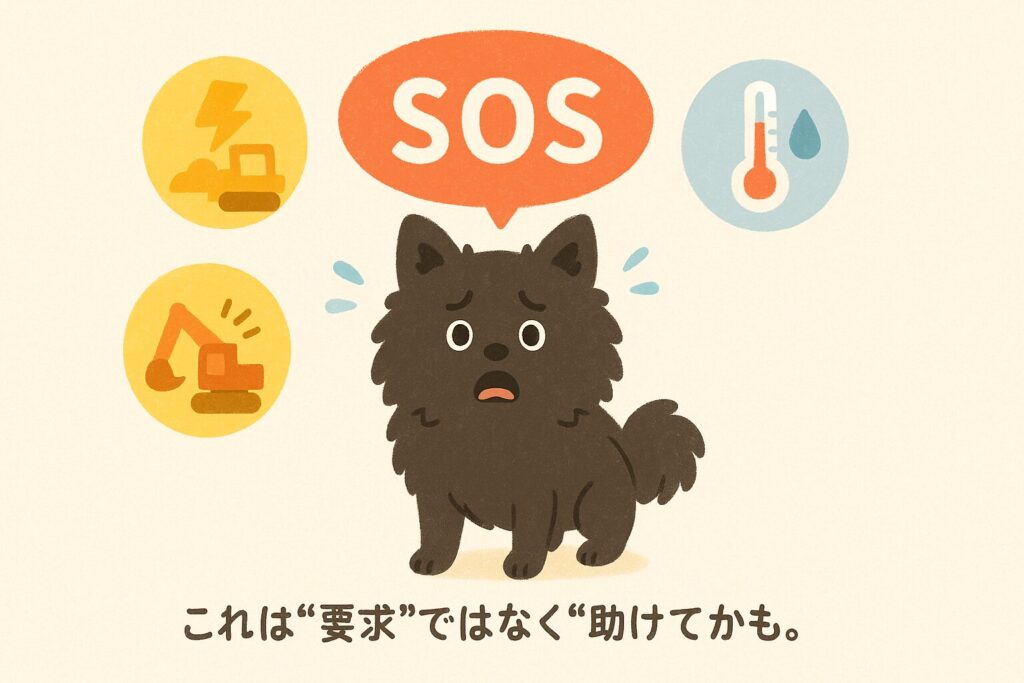 体調不良・恐怖音・濡れて冷たい等のSOSを示すピクトと黒ポメラニアンの不安表情