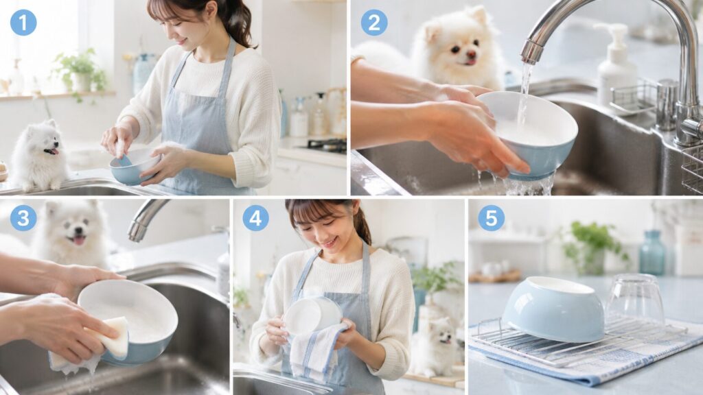 犬用食器をぬるま湯と専用スポンジで洗い、しっかり乾燥させている様子のイメージ画像。