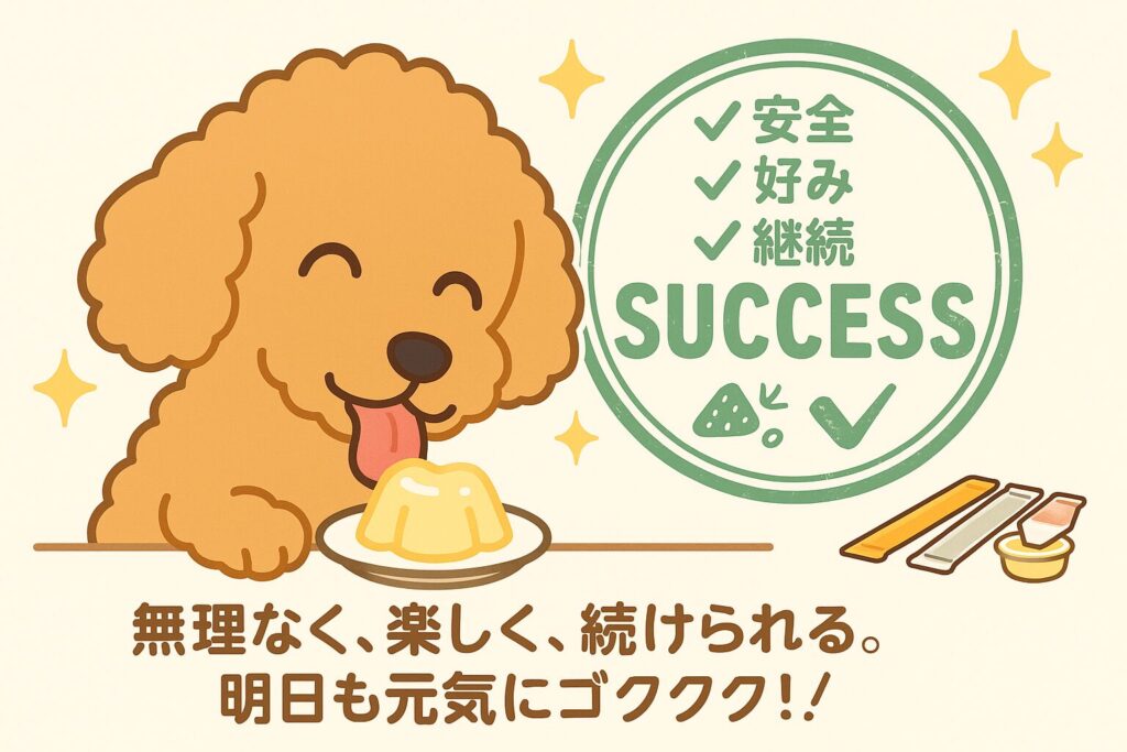 アプリコットプードルがゼリーを小皿でぺろり、背後に“安全×好み×継続”のチェックが入った完了スタンプ風の締めイラスト