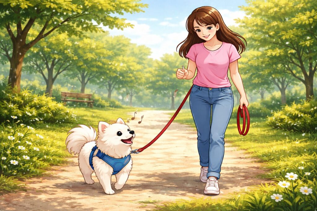 ハーネスを使って落ち着いて散歩する犬