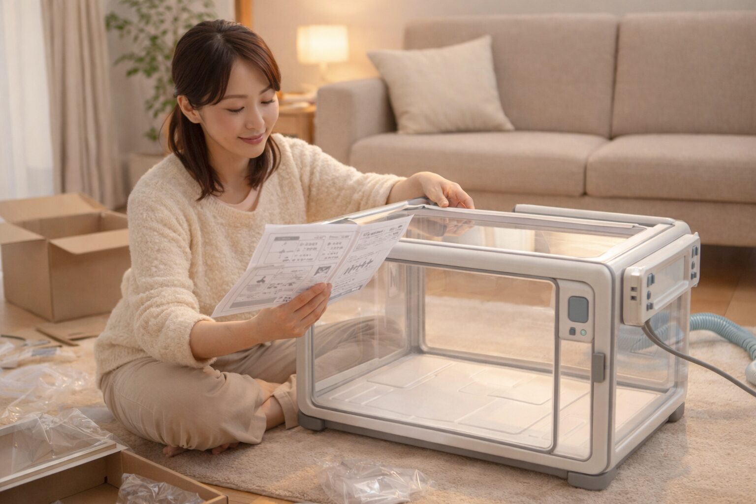 自宅でペット用酸素ケージを設置している様子。説明書を見ながら準備している。