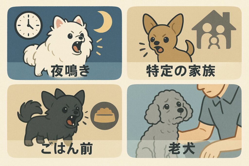 4分割イラスト。①夜鳴きする白ポメラニアン(時計と月)、②特定の家族に吠えるチワワ(家族アイコン)、③ごはん前に吠える黒ポメラニアン(フードボウル)、④老犬シルバートイプードルが飼い主を見上げる。