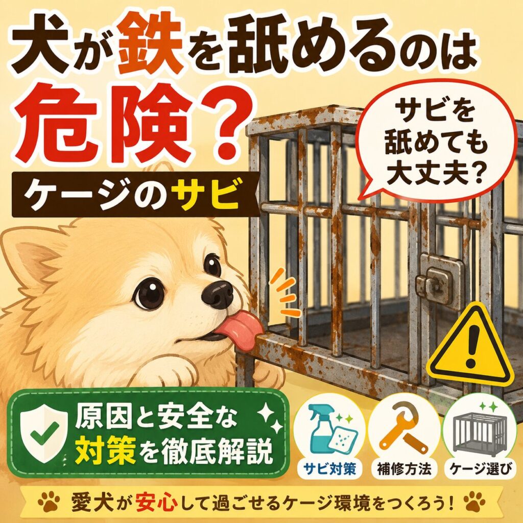 犬がサビたケージを舐めるイラスト。鉄や金属を舐める危険性と、サビ対策を解説するアイキャッチ画像