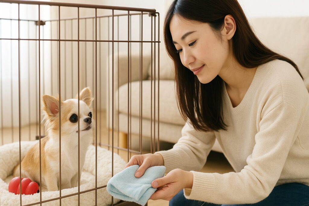 ふかふかベッドとコングが入ったサークルにチワワ、優しくタオルを置く日本人女性